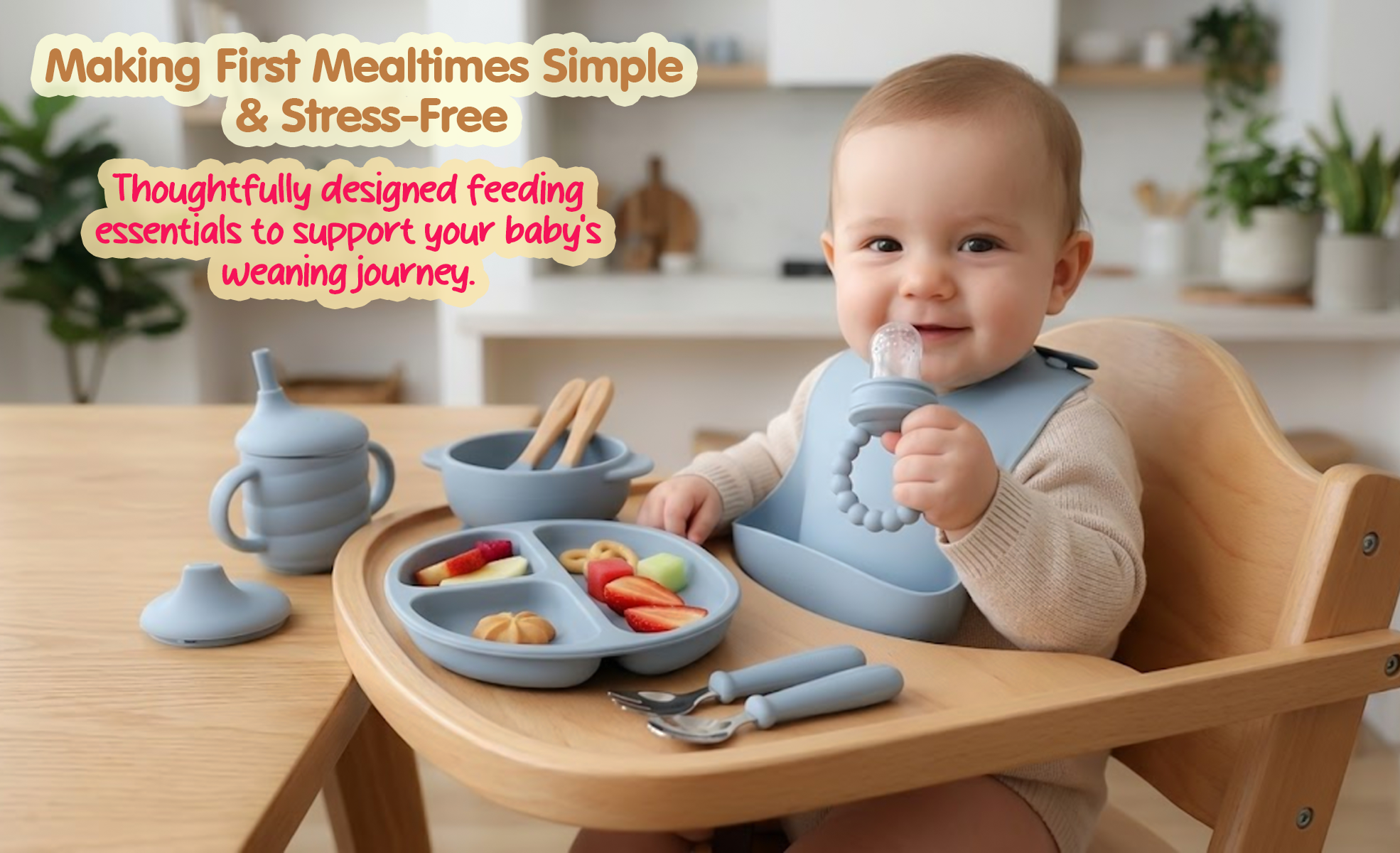 Baby Led Weaning Set 10 Pcs | BPA Free Silicone, Suction Plate with Lid, Suction Bowl, Adjustable Bib, 3-in-1 Sippy Cup, Fruit Feeder, Stainless Steel & Wooden Handle Spoons and Forks - Gift Ready