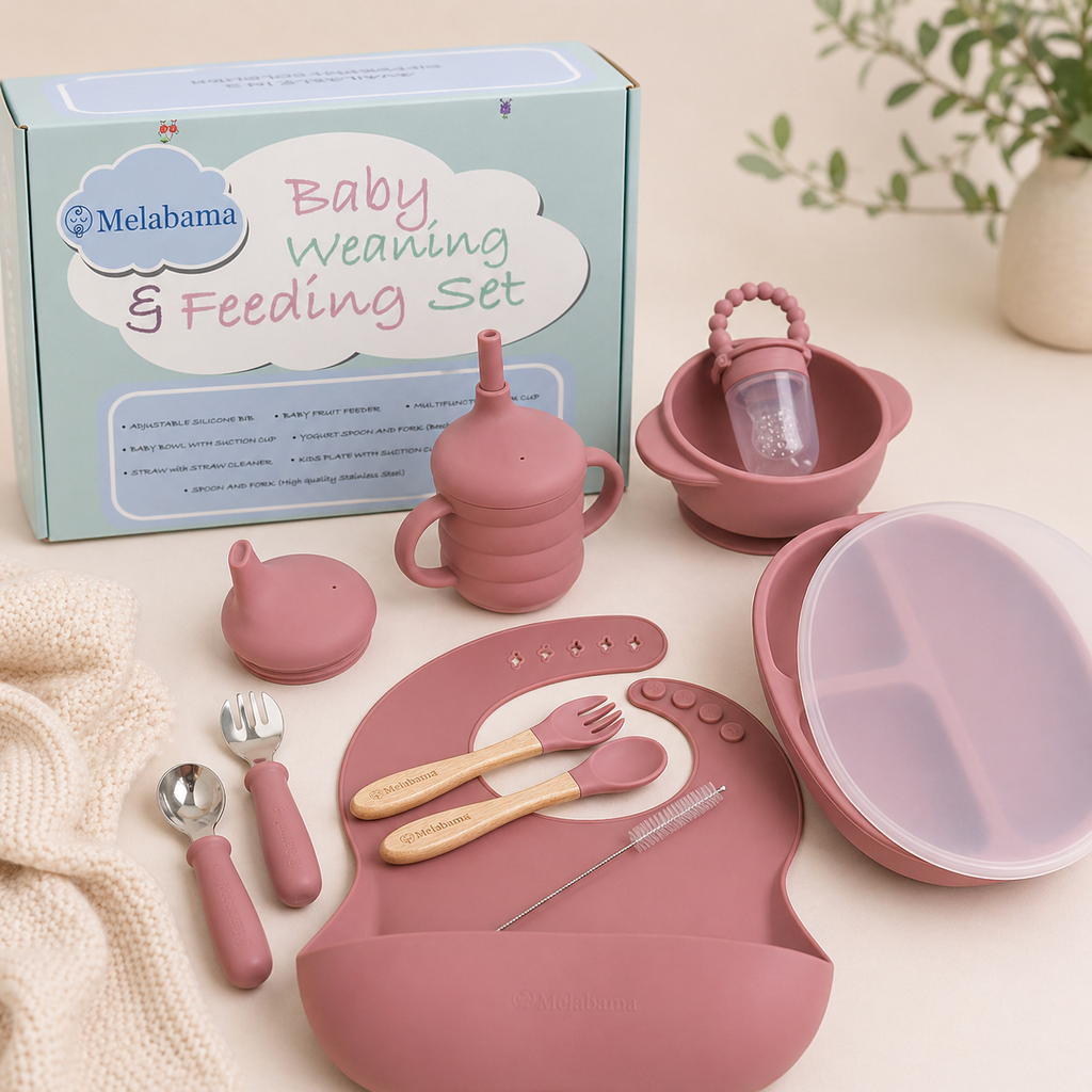 Baby Led Weaning Set 10 Pcs | BPA Free Silicone, Suction Plate with Lid, Suction Bowl, Adjustable Bib, 3-in-1 Sippy Cup, Fruit Feeder, Stainless Steel & Wooden Handle Spoons and Forks - Gift Ready
