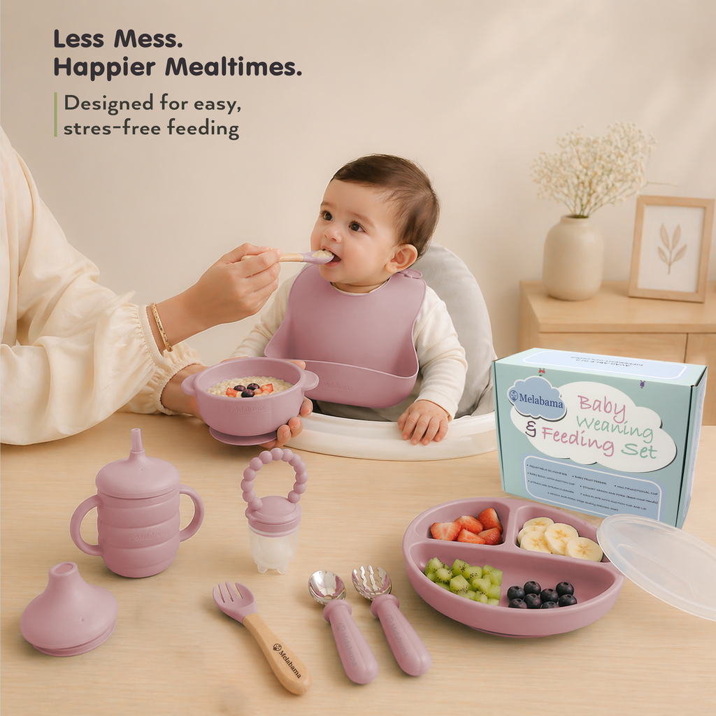 Baby Led Weaning Set 10 Pcs | BPA Free Silicone, Suction Plate with Lid, Suction Bowl, Adjustable Bib, 3-in-1 Sippy Cup, Fruit Feeder, Stainless Steel & Wooden Handle Spoons and Forks - Gift Ready