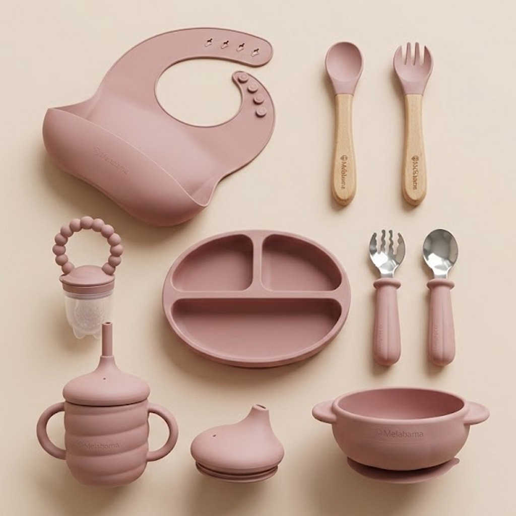 Baby Led Weaning Set 10 Pcs | BPA Free Silicone, Suction Plate with Lid, Suction Bowl, Adjustable Bib, 3-in-1 Sippy Cup, Fruit Feeder, Stainless Steel & Wooden Handle Spoons and Forks - Gift Ready