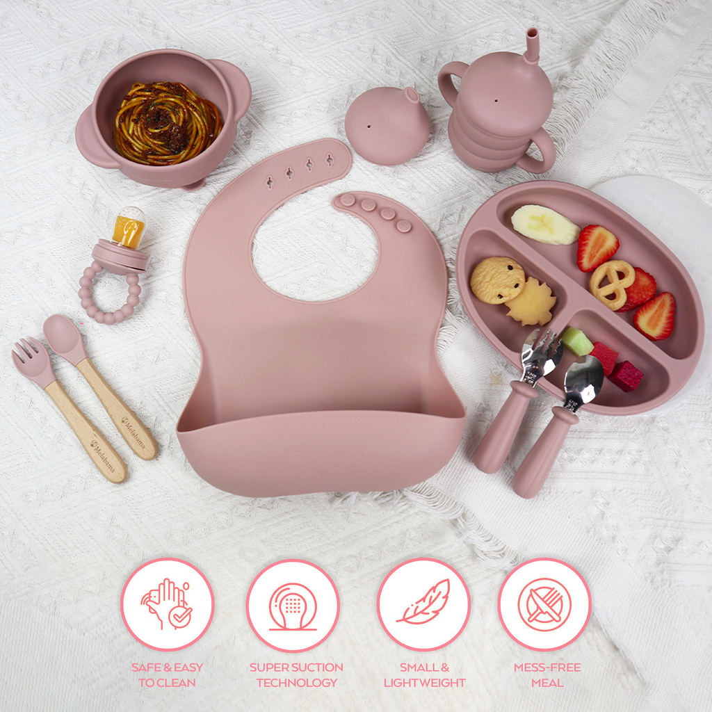 Baby Led Weaning Set 10 Pcs | BPA Free Silicone, Suction Plate with Lid, Suction Bowl, Adjustable Bib, 3-in-1 Sippy Cup, Fruit Feeder, Stainless Steel & Wooden Handle Spoons and Forks - Gift Ready