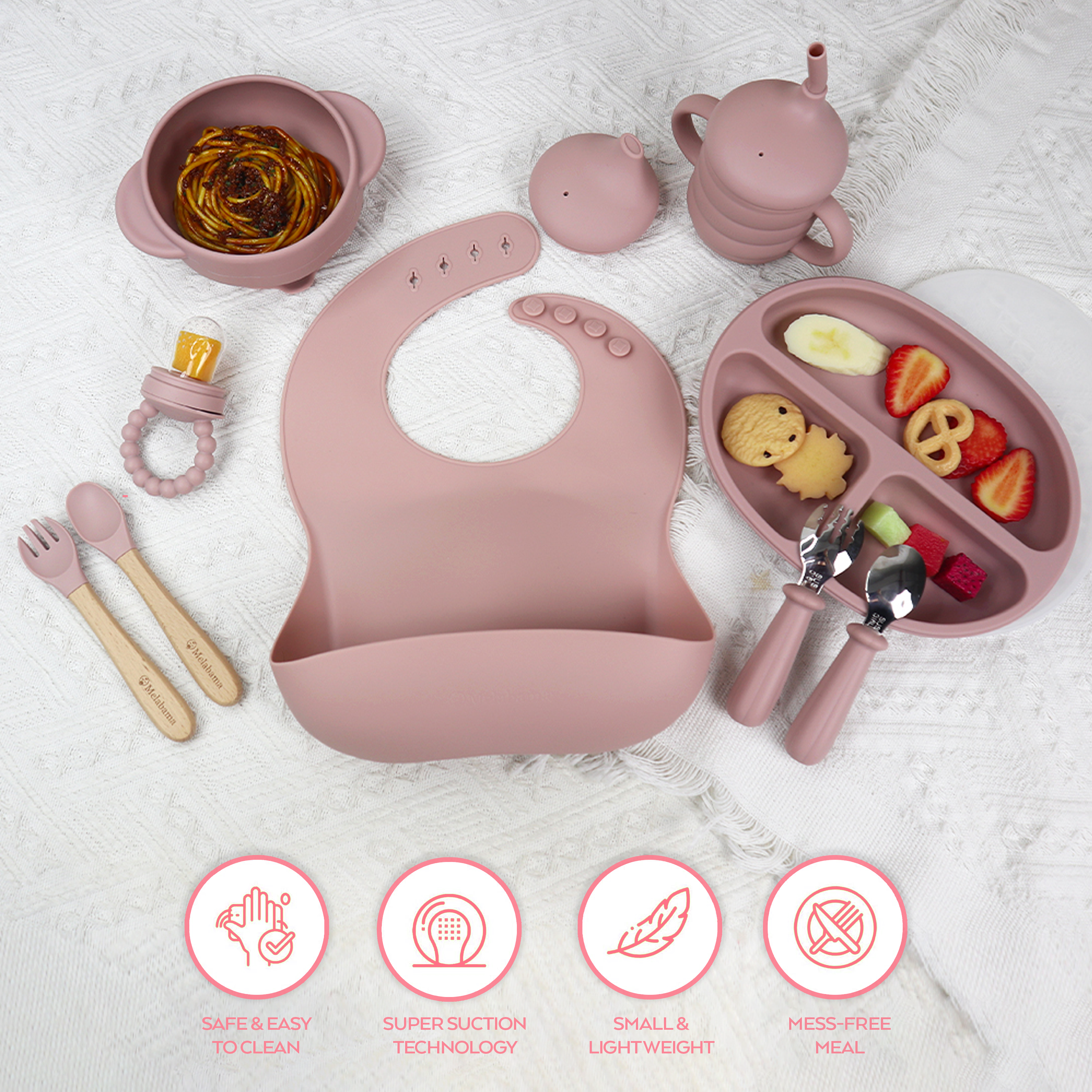 Baby Led Weaning Set 10 Pcs | BPA Free Silicone, Suction Plate with Lid, Suction Bowl, Adjustable Bib, 3-in-1 Sippy Cup, Fruit Feeder, Stainless Steel & Wooden Handle Spoons and Forks - Gift Ready