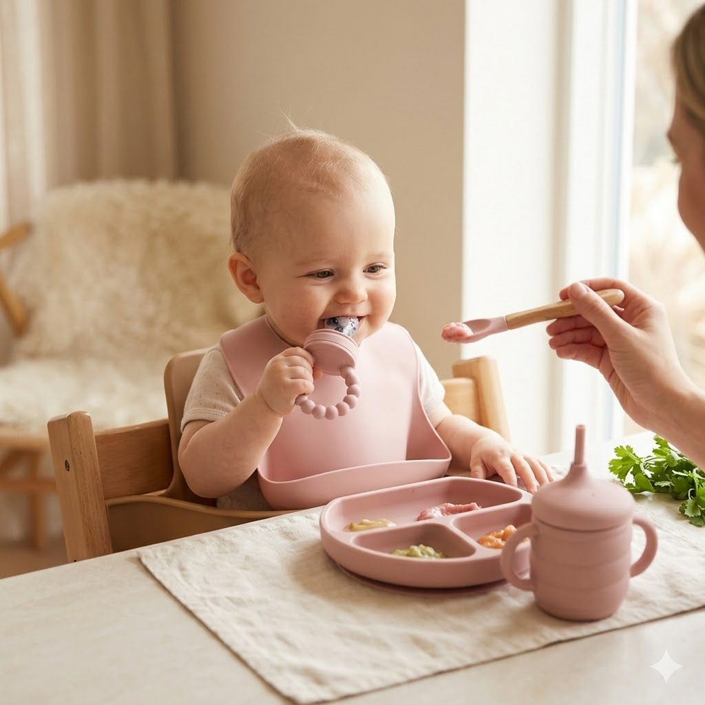 Baby Led Weaning Set 10 Pcs | BPA Free Silicone, Suction Plate with Lid, Suction Bowl, Adjustable Bib, 3-in-1 Sippy Cup, Fruit Feeder, Stainless Steel & Wooden Handle Spoons and Forks - Gift Ready