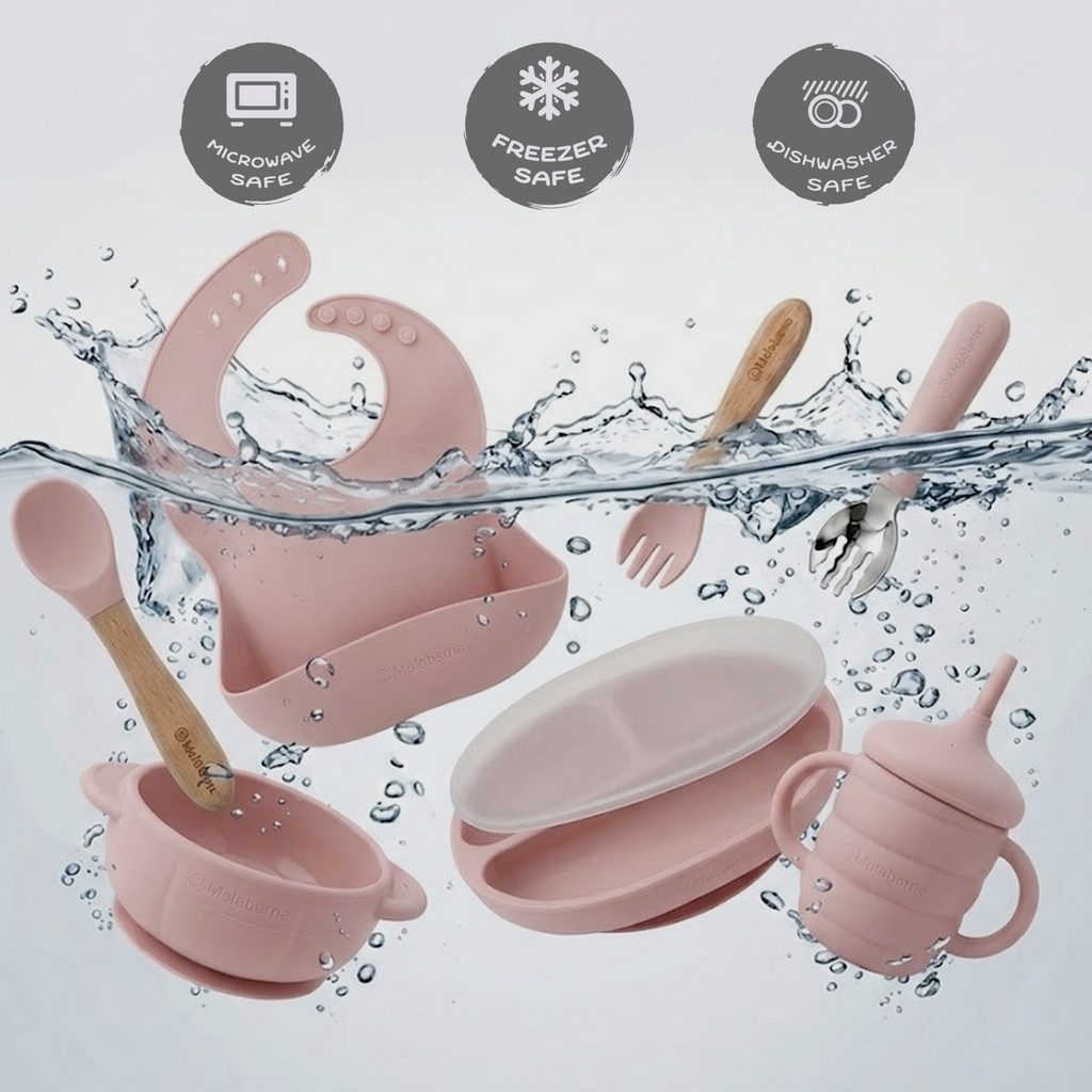 Baby Led Weaning Set 10 Pcs | BPA Free Silicone, Suction Plate with Lid, Suction Bowl, Adjustable Bib, 3-in-1 Sippy Cup, Fruit Feeder, Stainless Steel & Wooden Handle Spoons and Forks - Gift Ready