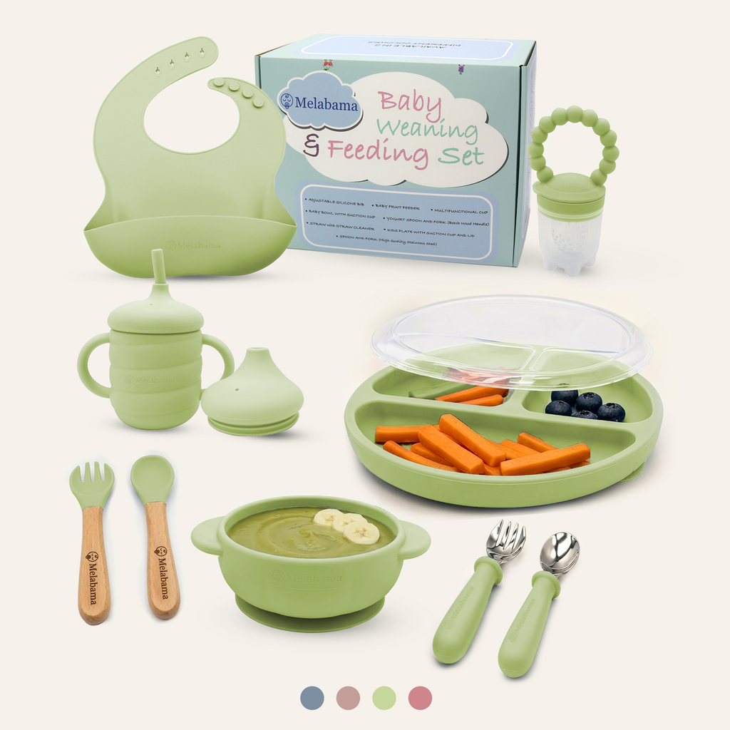 Baby Led Weaning Set 10PCS | BPA-Free Silicone, Suction Plate with Lid, Suction Bowl, Adjustable Bib, 3-in-1 Sippy Cup, Fruit Feeder, Stainless Steel & Beechwood Handle Spoons and Forks | Gift Ready