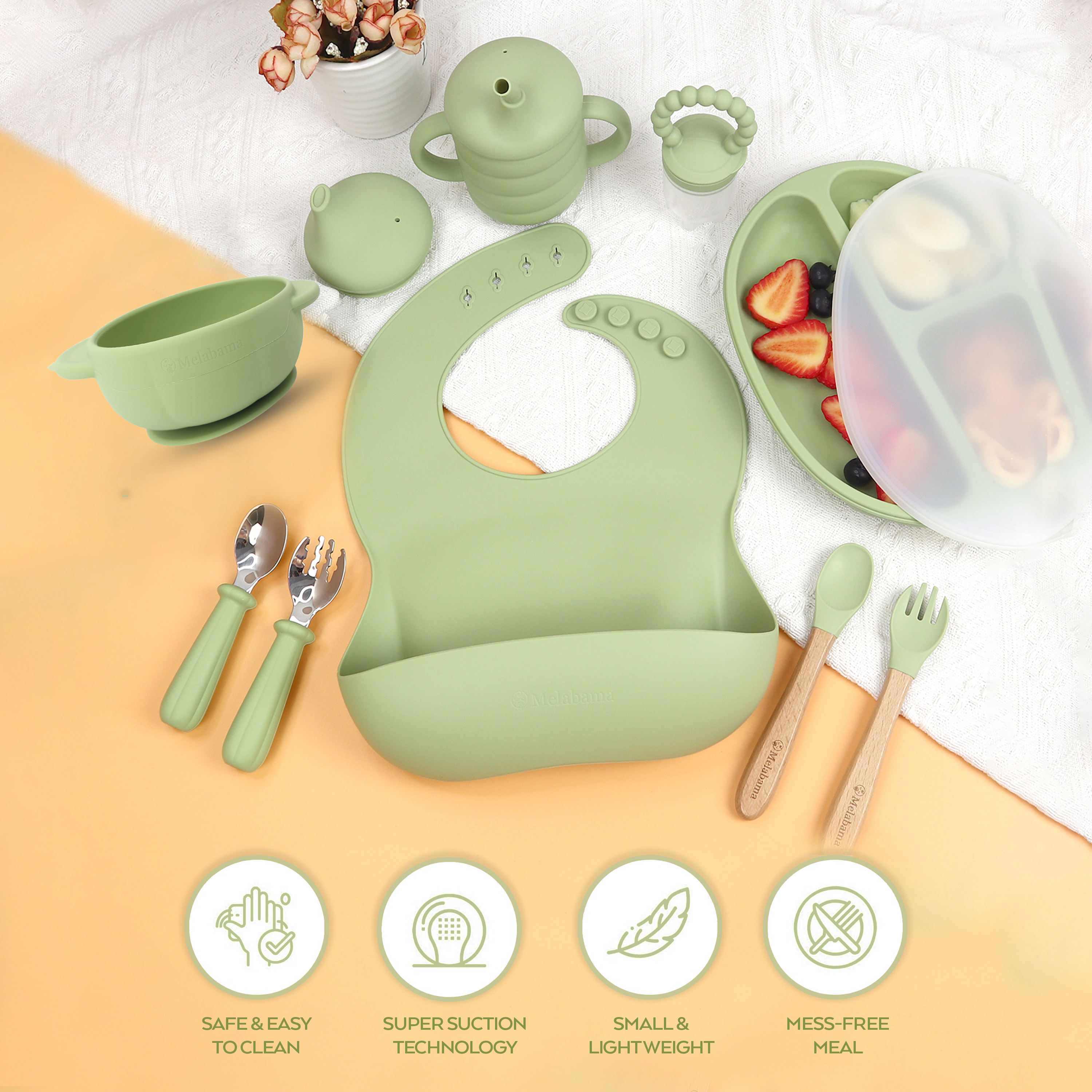 Baby Led Weaning Set 10PCS | BPA-Free Silicone, Suction Plate with Lid, Suction Bowl, Adjustable Bib, 3-in-1 Sippy Cup, Fruit Feeder, Stainless Steel & Beechwood Handle Spoons and Forks | Gift Ready