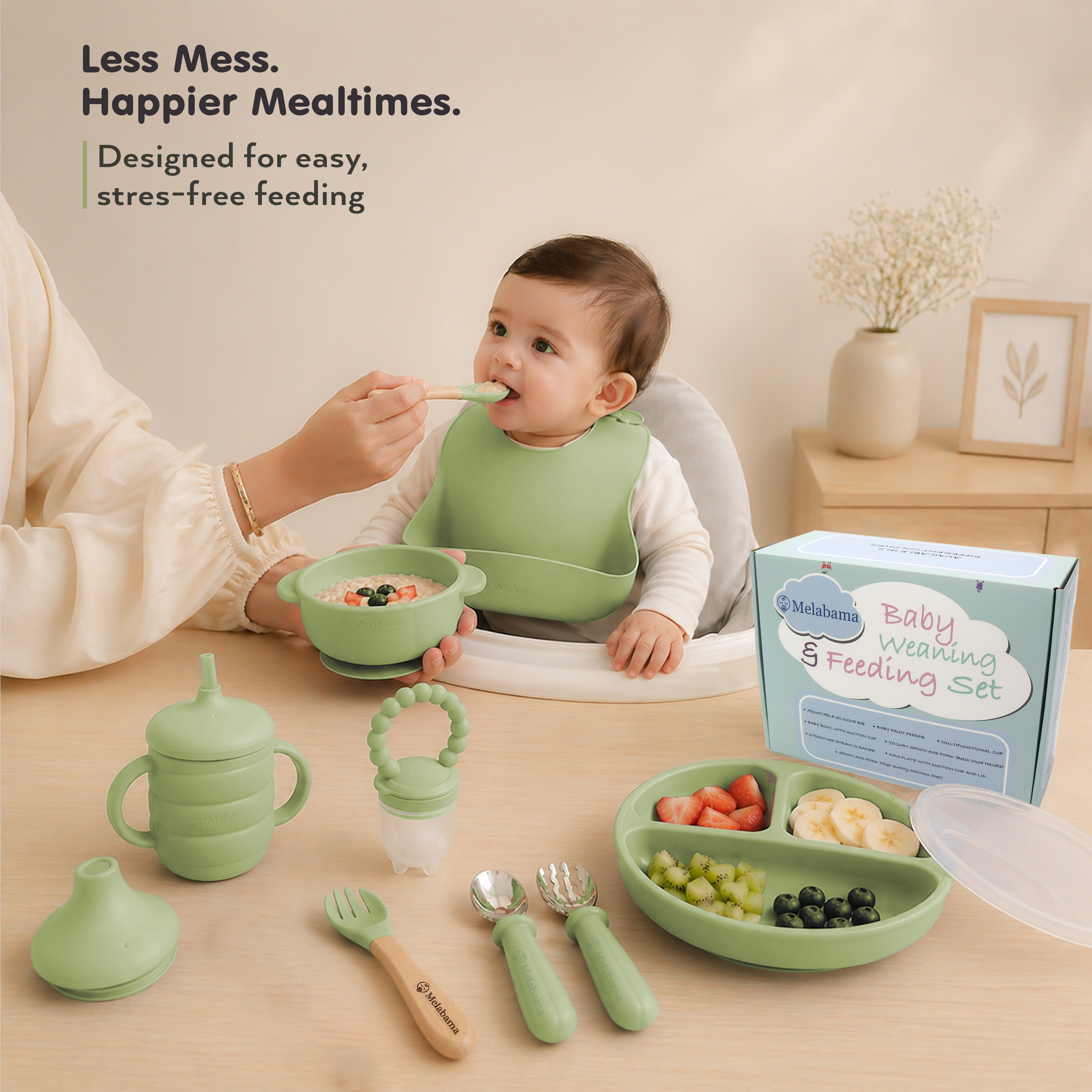 Baby Led Weaning Set 10PCS | BPA-Free Silicone, Suction Plate with Lid, Suction Bowl, Adjustable Bib, 3-in-1 Sippy Cup, Fruit Feeder, Stainless Steel & Beechwood Handle Spoons and Forks | Gift Ready