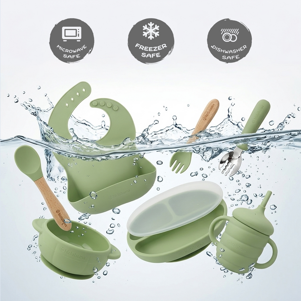 Baby Led Weaning Set 10PCS | BPA-Free Silicone, Suction Plate with Lid, Suction Bowl, Adjustable Bib, 3-in-1 Sippy Cup, Fruit Feeder, Stainless Steel & Beechwood Handle Spoons and Forks | Gift Ready