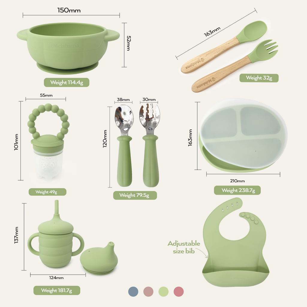 Baby Led Weaning Set 10PCS | BPA-Free Silicone, Suction Plate with Lid, Suction Bowl, Adjustable Bib, 3-in-1 Sippy Cup, Fruit Feeder, Stainless Steel & Beechwood Handle Spoons and Forks | Gift Ready