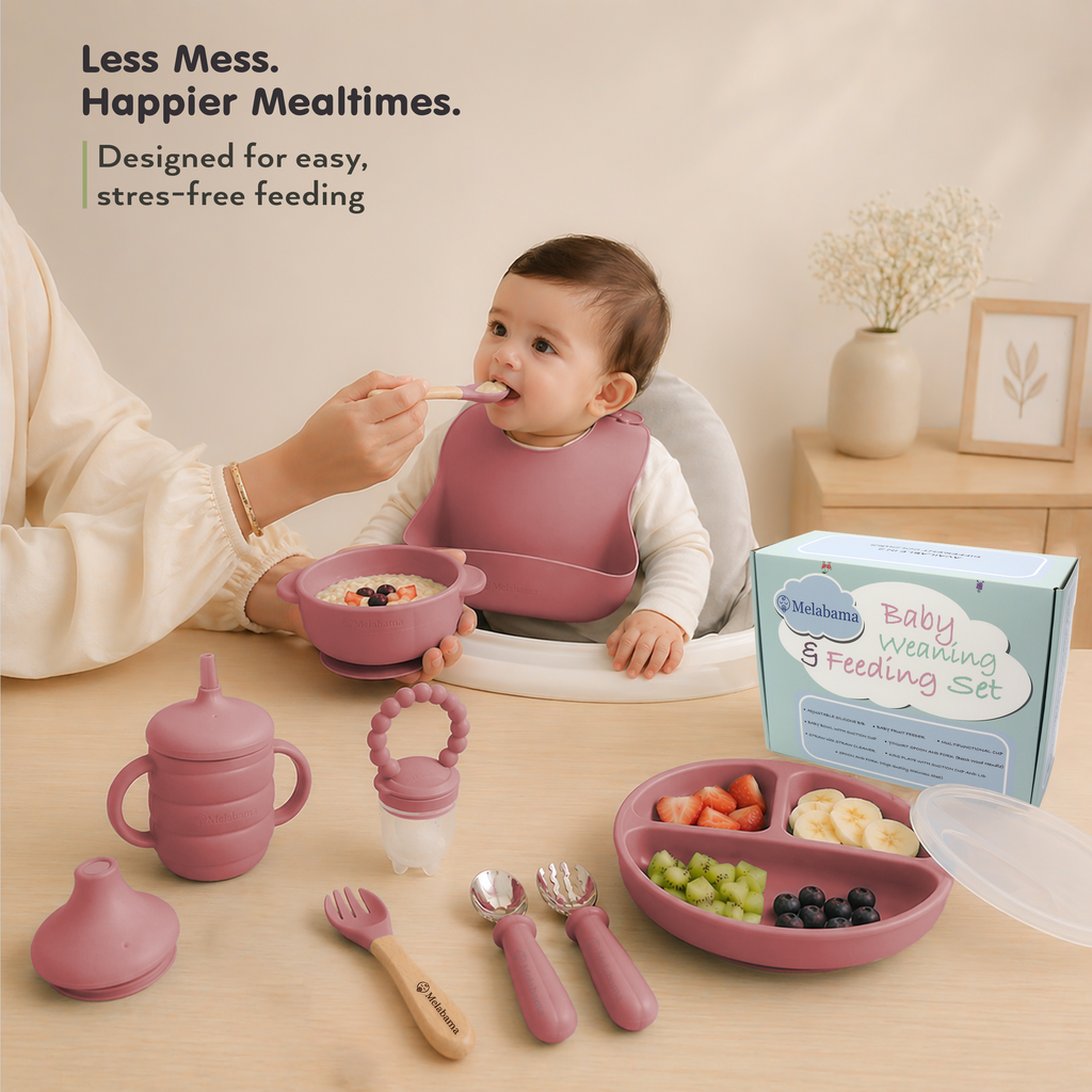 Baby Led Weaning Set 10 Pcs | BPA Free Silicone, Suction Plate with Lid, Suction Bowl, Adjustable Bib, 3-in-1 Sippy Cup, Fruit Feeder, Stainless Steel & Wooden Handle Spoons and Forks - Gift Ready