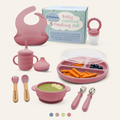 Baby Led Weaning Set 10 Pcs | BPA Free Silicone, Suction Plate with Lid, Suction Bowl, Adjustable Bib, 3-in-1 Sippy Cup, Fruit Feeder, Stainless Steel & Wooden Handle Spoons and Forks - Gift Ready