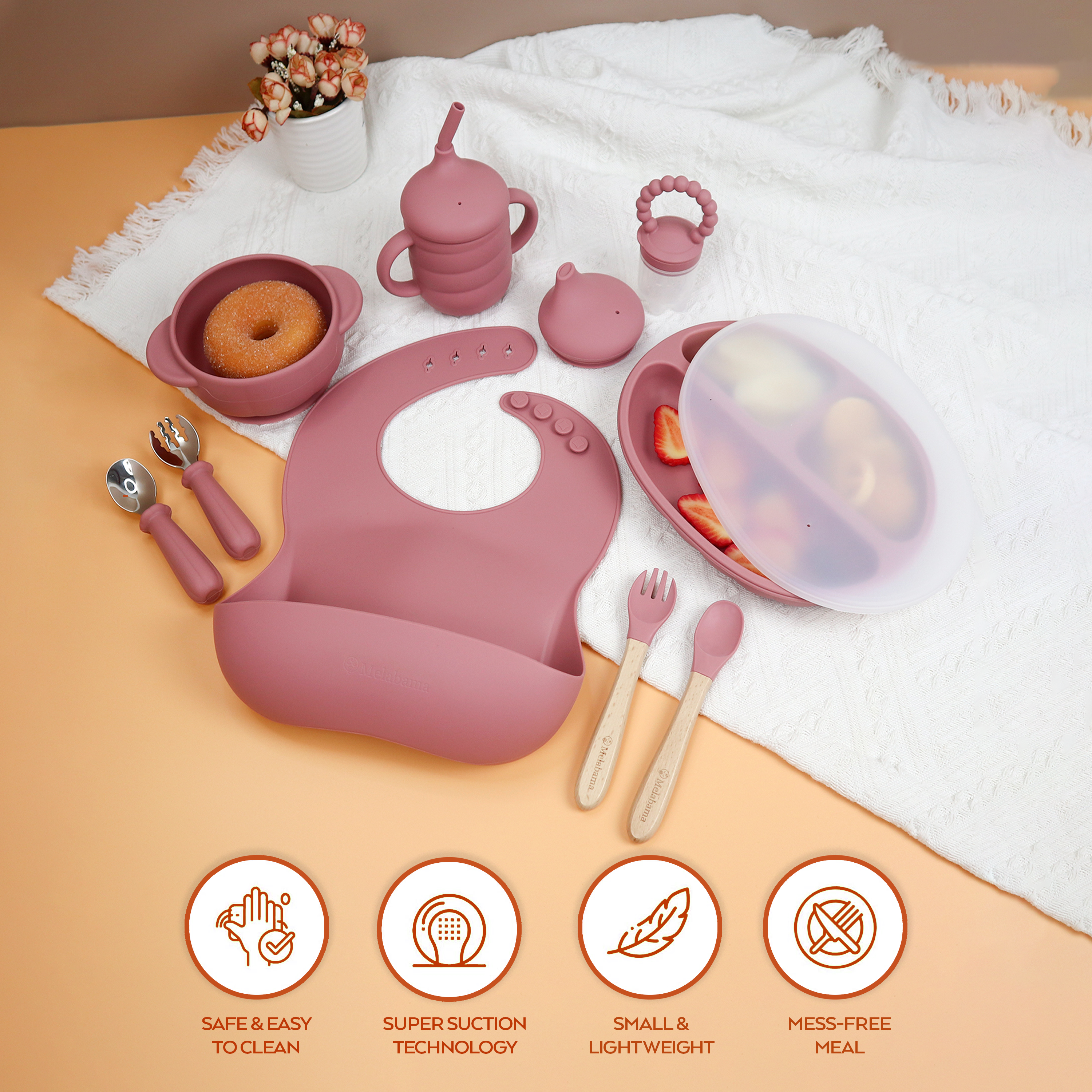 Baby Led Weaning Set 10 Pcs | BPA Free Silicone, Suction Plate with Lid, Suction Bowl, Adjustable Bib, 3-in-1 Sippy Cup, Fruit Feeder, Stainless Steel & Wooden Handle Spoons and Forks - Gift Ready