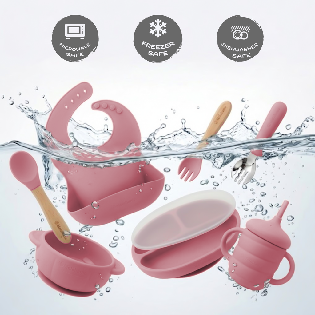 Baby Led Weaning Set 10 Pcs | BPA Free Silicone, Suction Plate with Lid, Suction Bowl, Adjustable Bib, 3-in-1 Sippy Cup, Fruit Feeder, Stainless Steel & Wooden Handle Spoons and Forks - Gift Ready