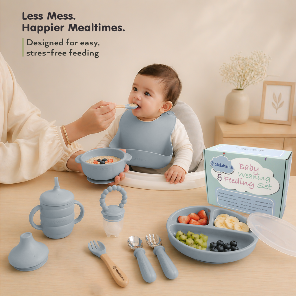 Baby Led Weaning Set 10 Pcs | BPA Free Silicone, Suction Plate with Lid, Suction Bowl, Adjustable Bib, 3-in-1 Sippy Cup, Fruit Feeder, Stainless Steel & Wooden Handle Spoons and Forks - Gift Ready