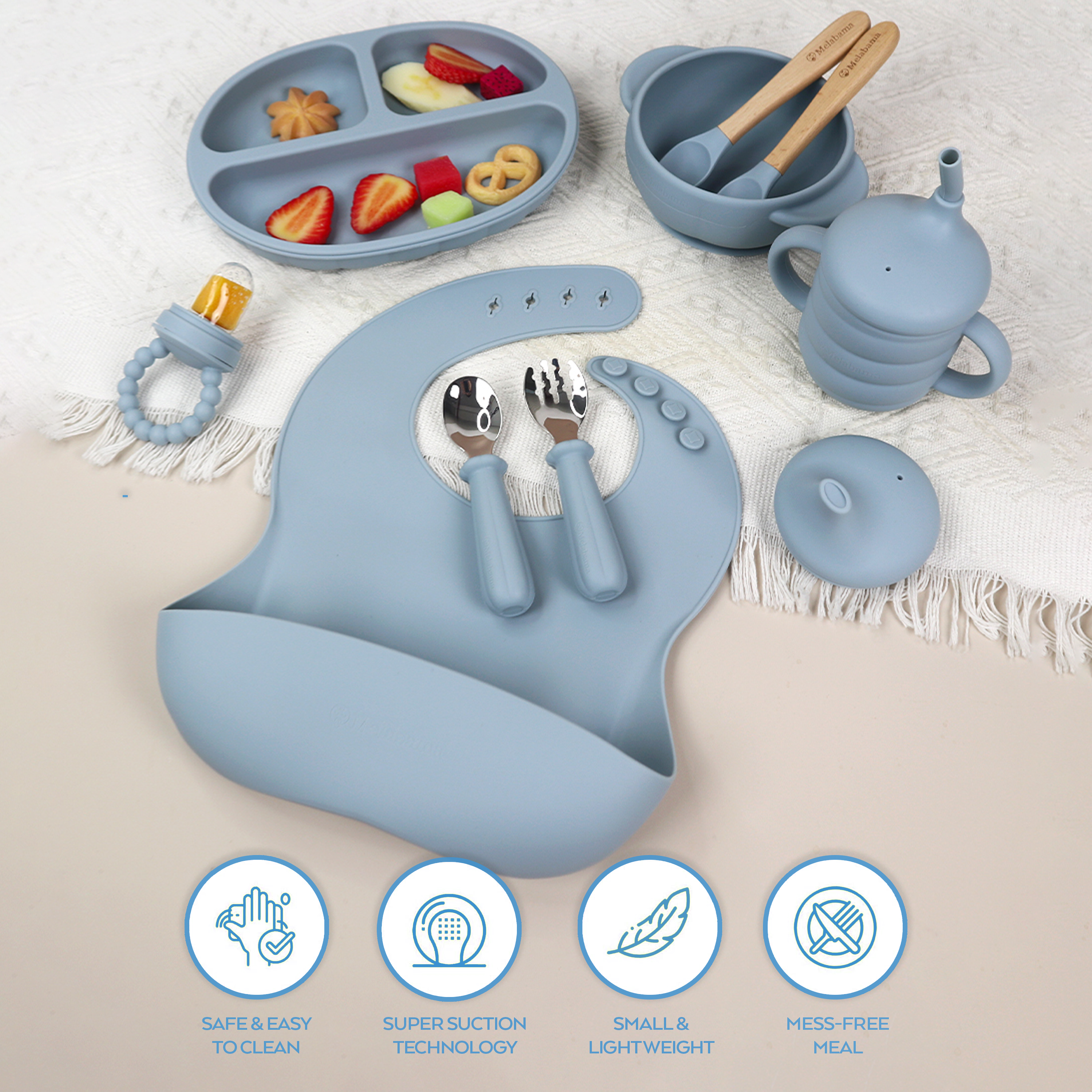 Baby Led Weaning Set 10 Pcs | BPA Free Silicone, Suction Plate with Lid, Suction Bowl, Adjustable Bib, 3-in-1 Sippy Cup, Fruit Feeder, Stainless Steel & Wooden Handle Spoons and Forks - Gift Ready