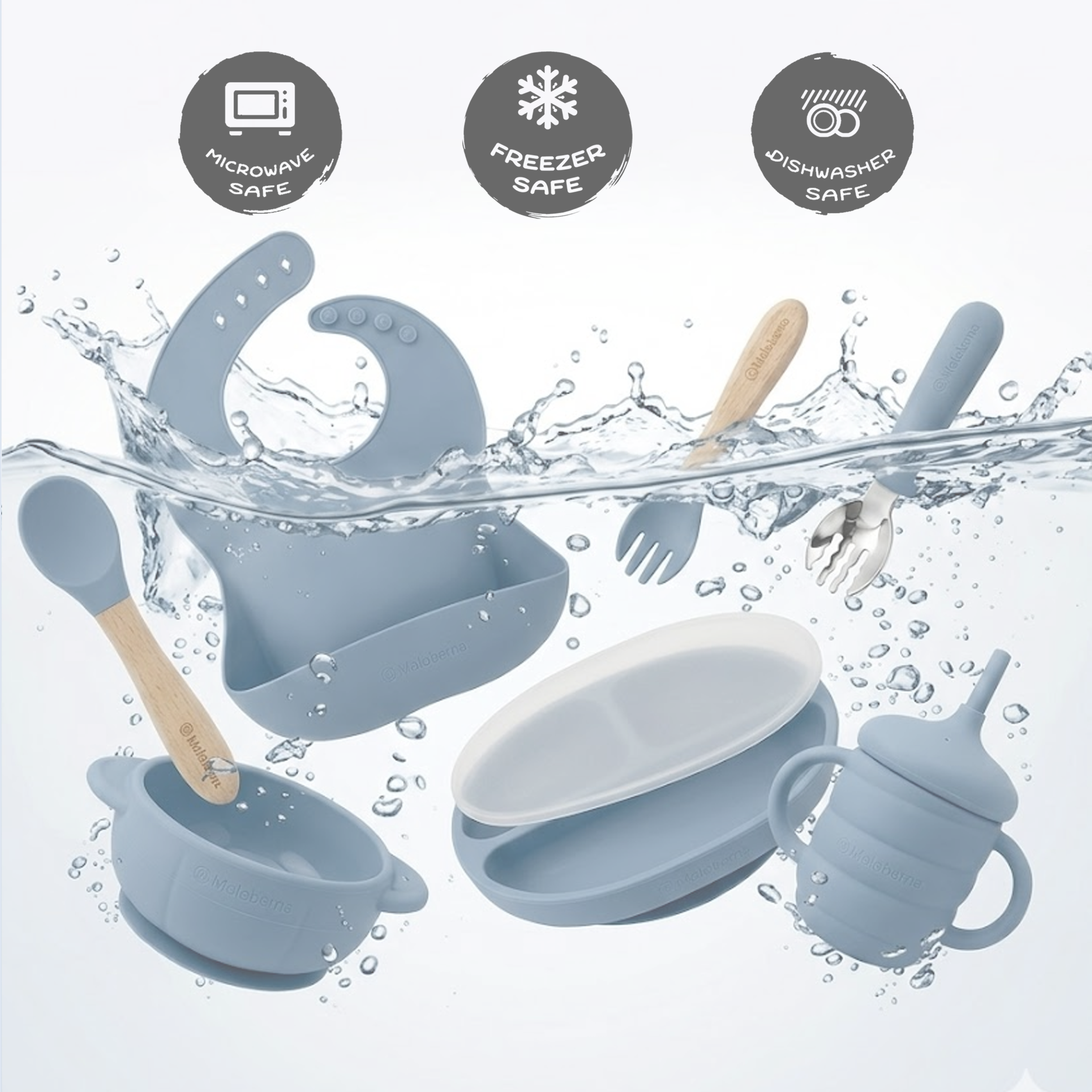 Baby Led Weaning Set 10 Pcs | BPA Free Silicone, Suction Plate with Lid, Suction Bowl, Adjustable Bib, 3-in-1 Sippy Cup, Fruit Feeder, Stainless Steel & Wooden Handle Spoons and Forks - Gift Ready