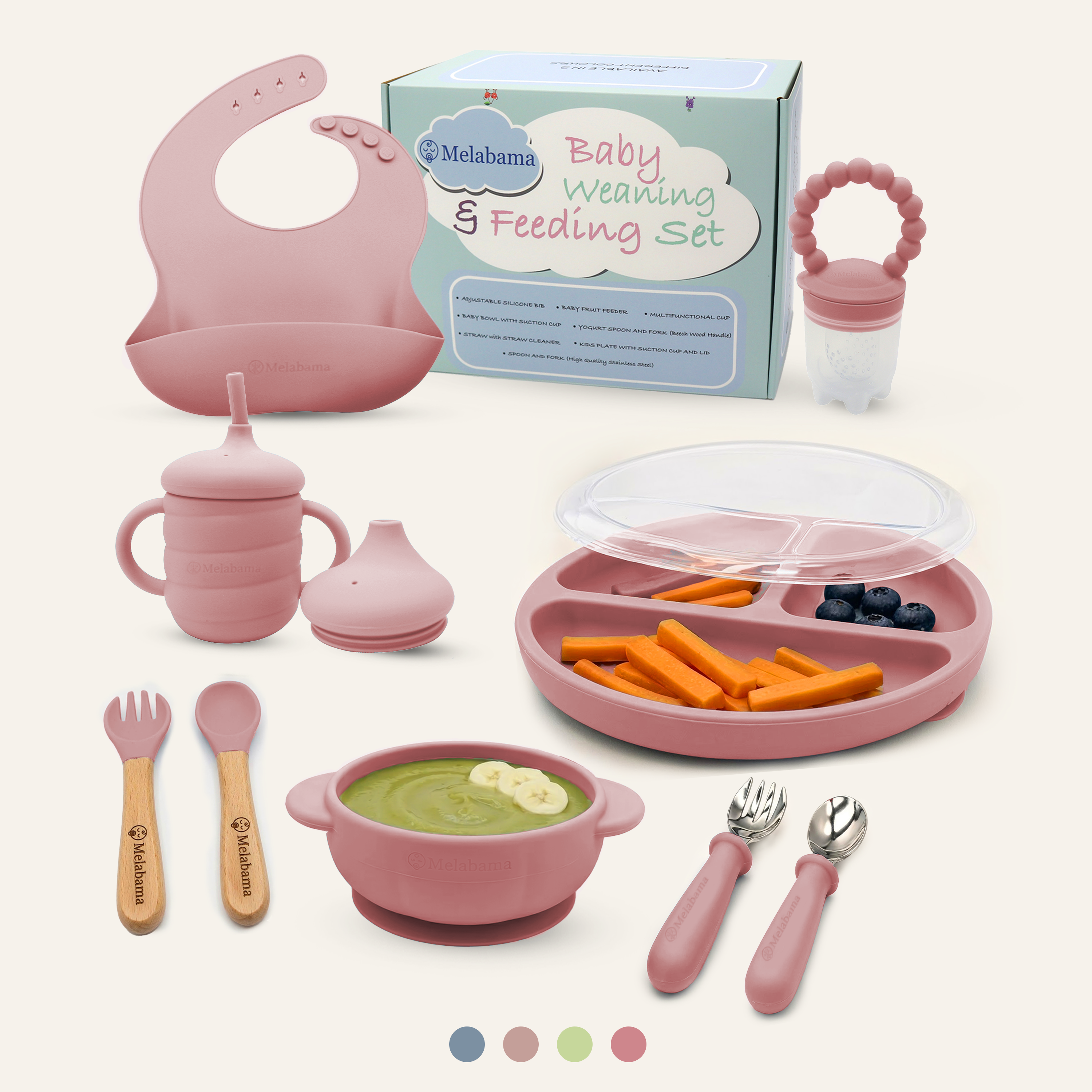 Baby Led Weaning Set 10 Pcs | BPA Free Silicone, Suction Plate with Lid, Suction Bowl, Adjustable Bib, 3-in-1 Sippy Cup, Fruit Feeder, Stainless Steel & Wooden Handle Spoons and Forks - Gift Ready